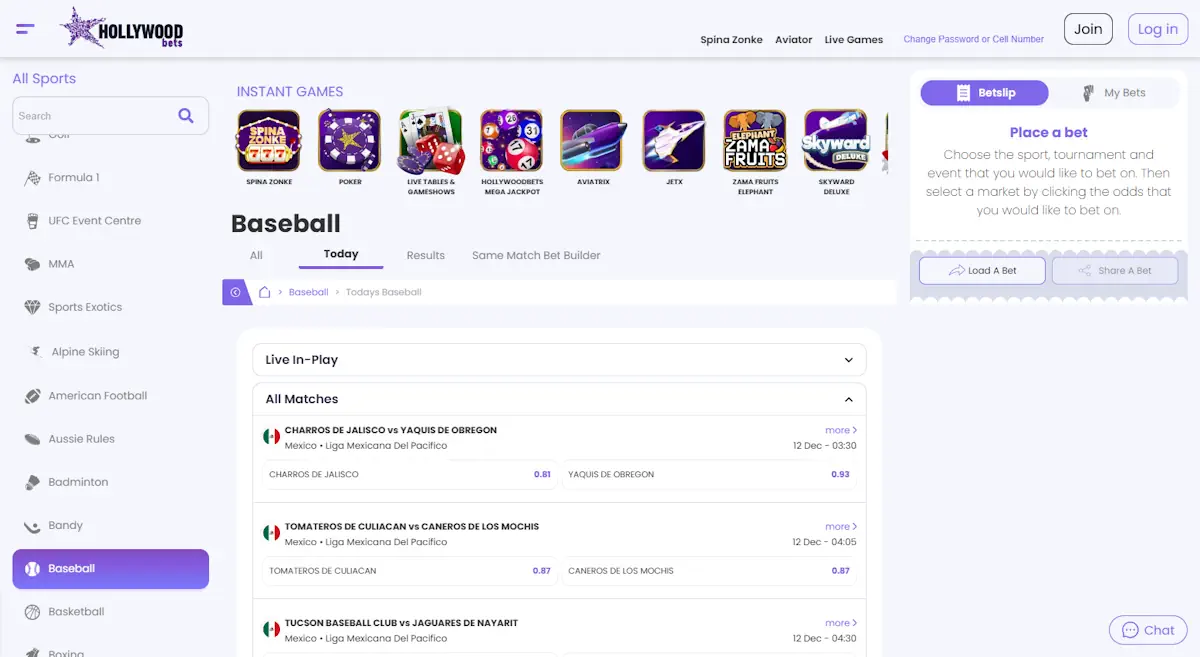 HollywoodBets Baseball Betting Screenshot